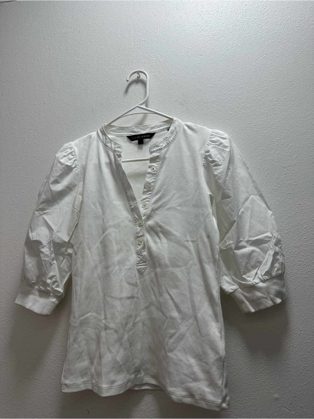 Veronica Beard Coralee Puff Sleeve Mixed Media Henley Top